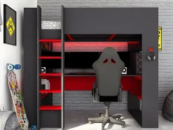 Vente-unique Lit mezzanine gamer NOAH avec bureau et rangements intégrés - 90 x 200 cm - Avec LEDs - Anthracite et rouge Hot