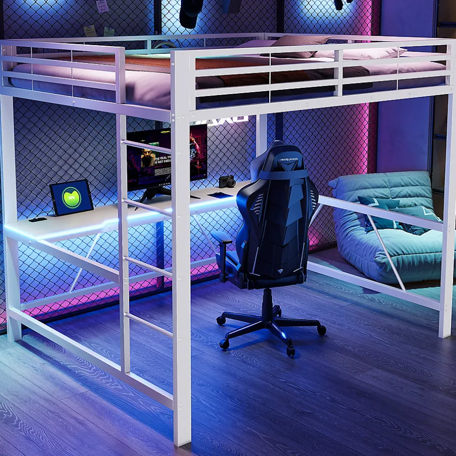 ModernLuxe Lit mezzanine gaming en métal 160x200cm - avec bureau - avec éclairage LED et port de chargement USB - Blanc(sans matelas)