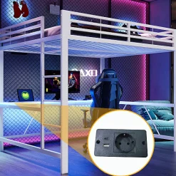 ModernLuxe Lit mezzanine gaming en métal 160x200cm - avec bureau - avec éclairage LED et port de chargement USB - Blanc(sans matelas)