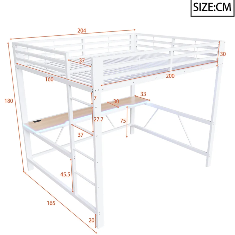 ModernLuxe Lit mezzanine gaming en métal 160x200cm - avec bureau - avec éclairage LED et port de chargement USB - Blanc(sans matelas)