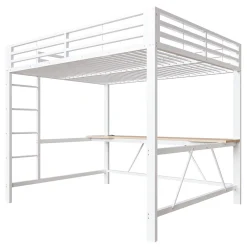 ModernLuxe Lit mezzanine gaming en métal 160x200cm - avec bureau - avec éclairage LED et port de chargement USB - Blanc(sans matelas)