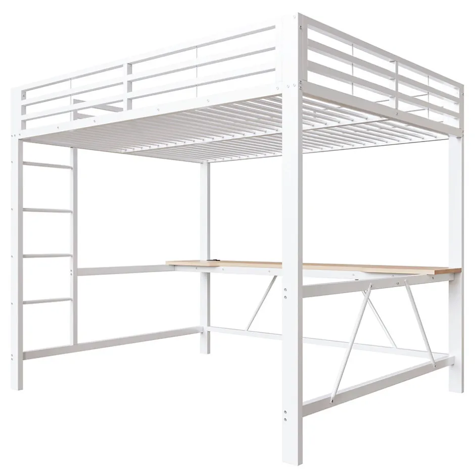 ModernLuxe Lit mezzanine gaming en métal 160x200cm - avec bureau - avec éclairage LED et port de chargement USB - Blanc(sans matelas)