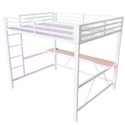 ModernLuxe Lit mezzanine gaming en métal 160x200cm - avec bureau - avec éclairage LED et port de chargement USB - Blanc(sans matelas)