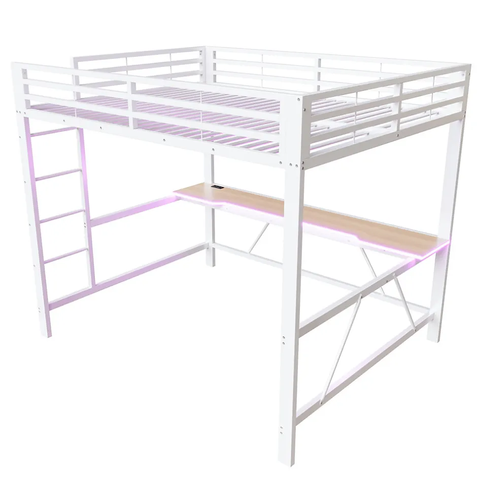 ModernLuxe Lit mezzanine gaming en métal 160x200cm - avec bureau - avec éclairage LED et port de chargement USB - Blanc(sans matelas)