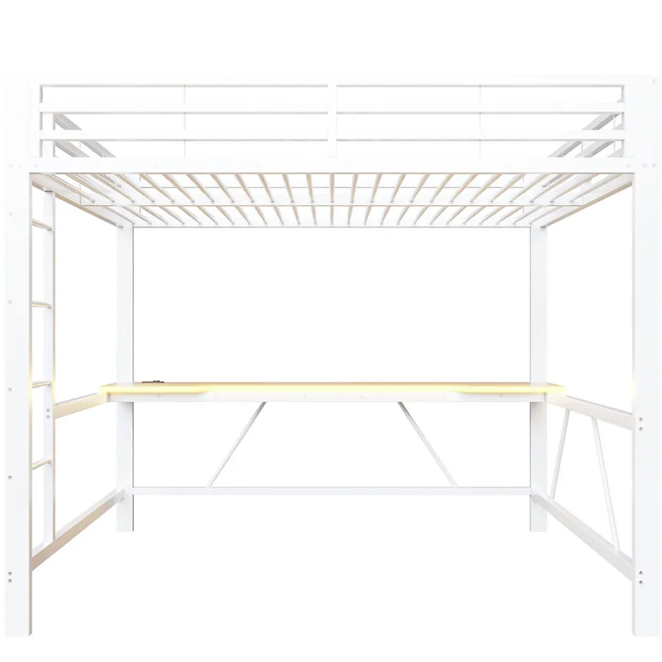 ModernLuxe Lit mezzanine gaming en métal 160x200cm - avec bureau - avec éclairage LED et port de chargement USB - Blanc(sans matelas)