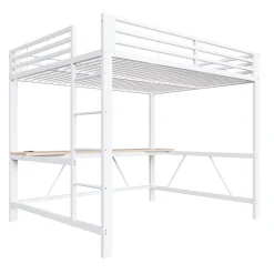 ModernLuxe Lit mezzanine gaming en métal 160x200cm - avec bureau - avec éclairage LED et port de chargement USB - Blanc(sans matelas)