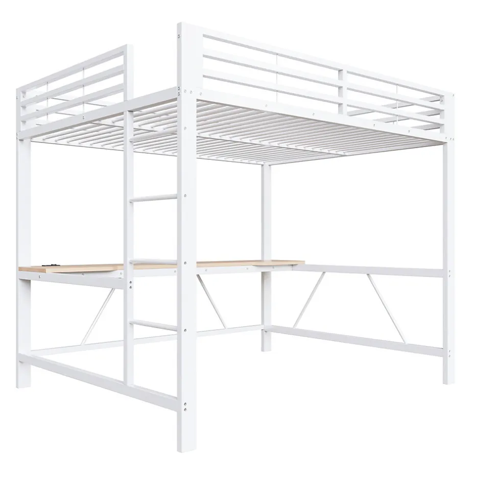 ModernLuxe Lit mezzanine gaming en métal 160x200cm - avec bureau - avec éclairage LED et port de chargement USB - Blanc(sans matelas)
