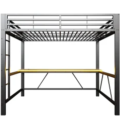 ModernLuxe Lit mezzanine gaming en métal 160x200cm - avec bureau - avec éclairage LED et port de chargement USB - Noir(sans matelas) Discount