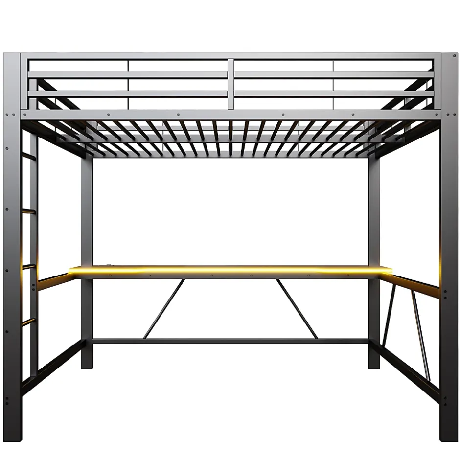 ModernLuxe Lit mezzanine gaming en métal 160x200cm - avec bureau - avec éclairage LED et port de chargement USB - Noir(sans matelas) Discount