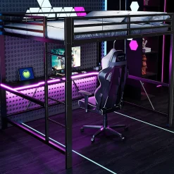 ModernLuxe Lit mezzanine gaming en métal 160x200cm - avec bureau - avec éclairage LED et port de chargement USB - Noir(sans matelas) Discount