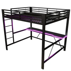 ModernLuxe Lit mezzanine gaming en métal 160x200cm - avec bureau - avec éclairage LED et port de chargement USB - Noir(sans matelas) Discount