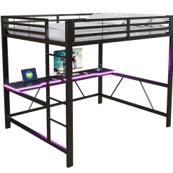 ModernLuxe Lit mezzanine gaming en métal 160x200cm - avec bureau - avec éclairage LED et port de chargement USB - Noir(sans matelas) Discount