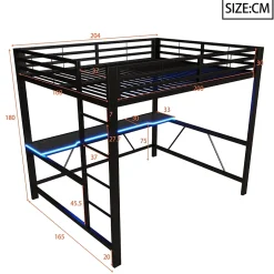 ModernLuxe Lit mezzanine gaming en métal 160x200cm - avec bureau - avec éclairage LED et port de chargement USB - Noir(sans matelas) Discount