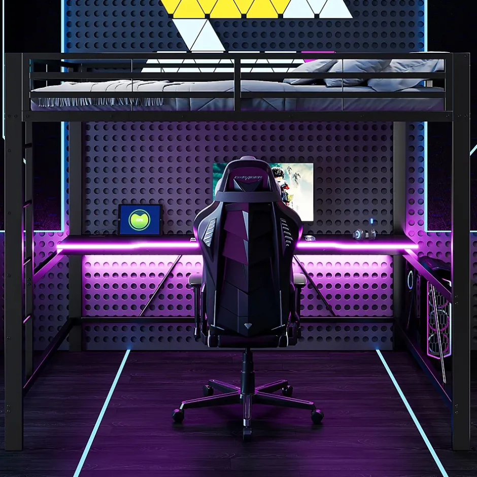 ModernLuxe Lit mezzanine gaming en métal 160x200cm - avec bureau - avec éclairage LED et port de chargement USB - Noir(sans matelas) Discount