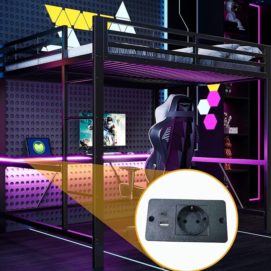 ModernLuxe Lit mezzanine gaming en métal 160x200cm - avec bureau - avec éclairage LED et port de chargement USB - Noir(sans matelas) Discount