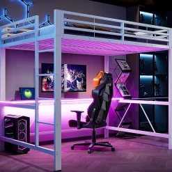 ModernLuxe Lit mezzanine gaming en métal 140x200cm - avec bureau - avec éclairage LED et port de chargement USB - Blanc(sans matelas)
