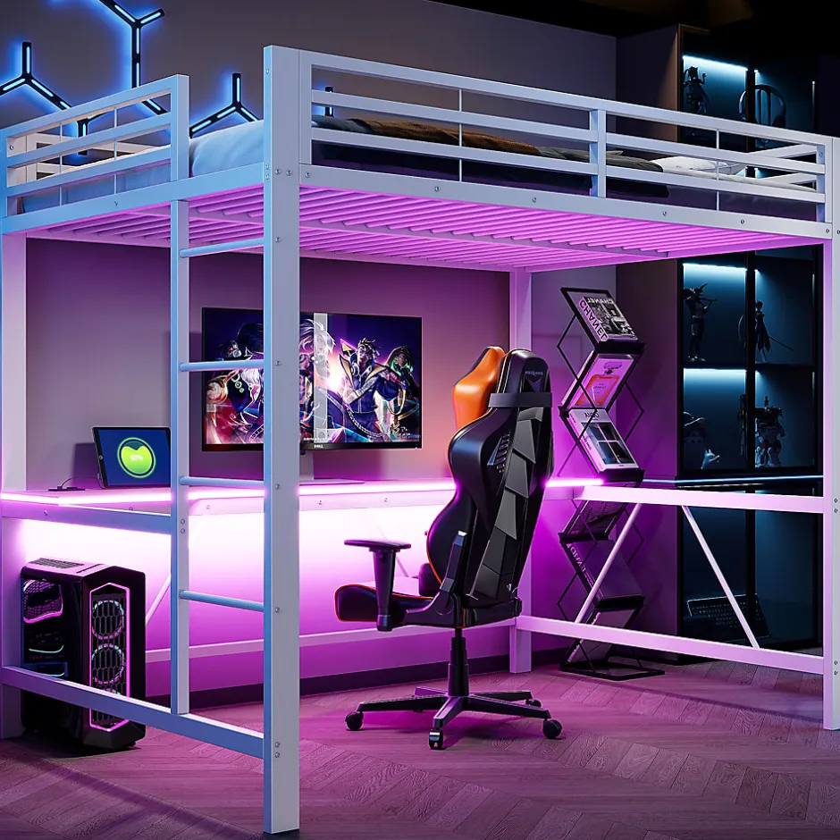 ModernLuxe Lit mezzanine gaming en métal 140x200cm - avec bureau - avec éclairage LED et port de chargement USB - Blanc(sans matelas)