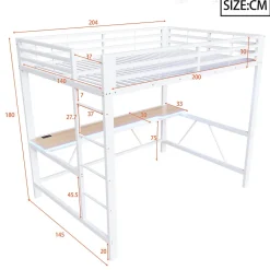 ModernLuxe Lit mezzanine gaming en métal 140x200cm - avec bureau - avec éclairage LED et port de chargement USB - Blanc(sans matelas)