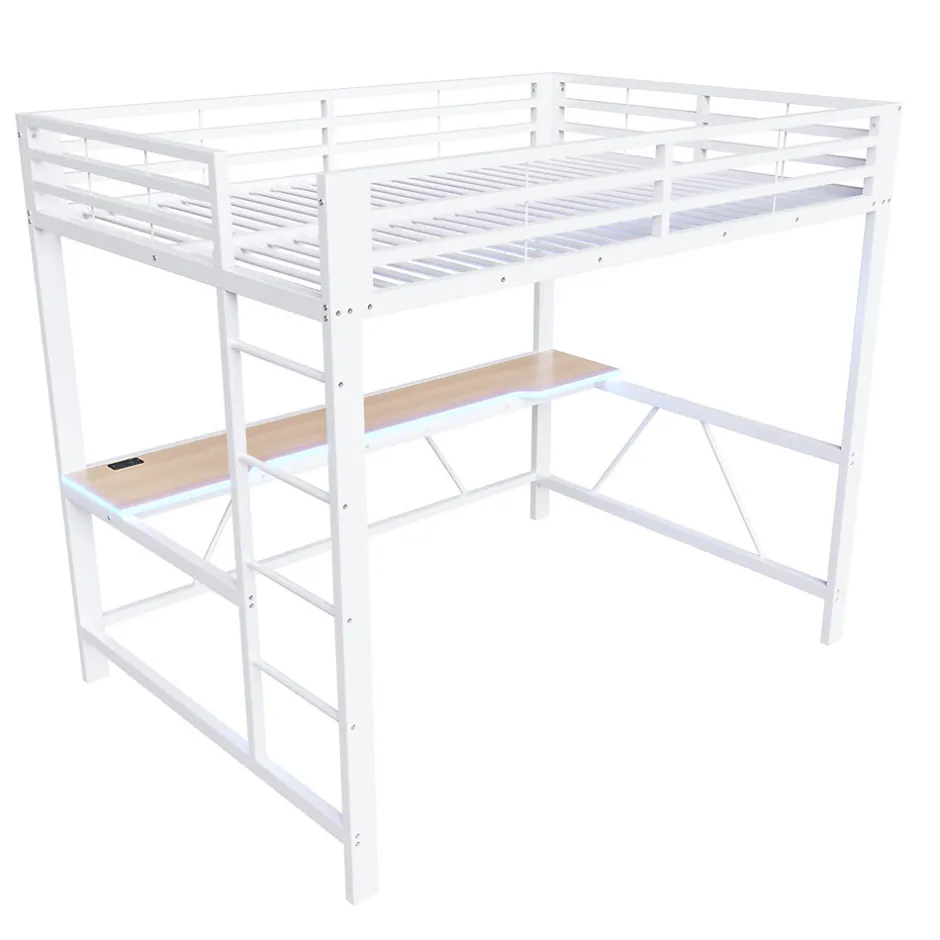 ModernLuxe Lit mezzanine gaming en métal 140x200cm - avec bureau - avec éclairage LED et port de chargement USB - Blanc(sans matelas)