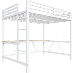 ModernLuxe Lit mezzanine gaming en métal 140x200cm - avec bureau - avec éclairage LED et port de chargement USB - Blanc(sans matelas)