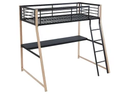 Vente-unique Lit mezzanine MALICIA - 90 x 190 cm - bureau intégré - Noir et chêne + matelas Best