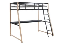 Vente-unique Lit mezzanine MALICIA - 90 x 190 cm - bureau intégré - Noir et chêne + matelas Best