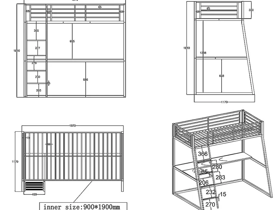 Vente-unique Lit mezzanine MALICIA - 90 x 190 cm - bureau intégré - Noir et blanc Sale