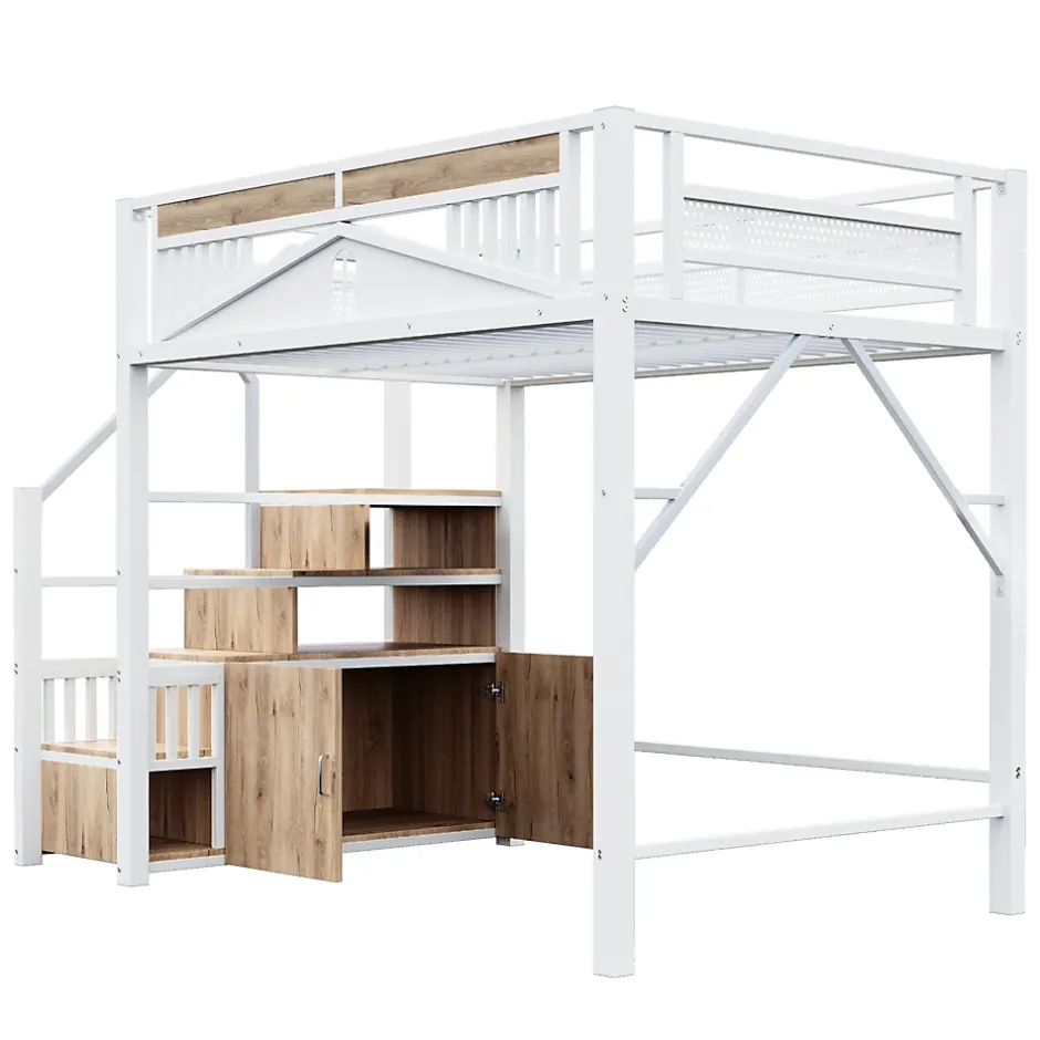 Okwish Lit Mezzanine Métal 140x200 cm avec Fenêtre et Garde-Corps - Blanc, Sans Matelas Online