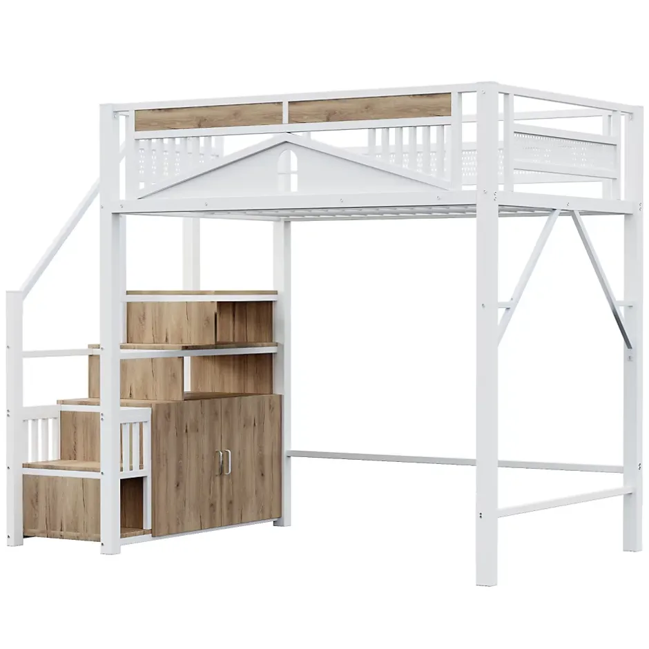 Okwish Lit Mezzanine Métal 140x200 cm avec Fenêtre et Garde-Corps - Blanc, Sans Matelas Online