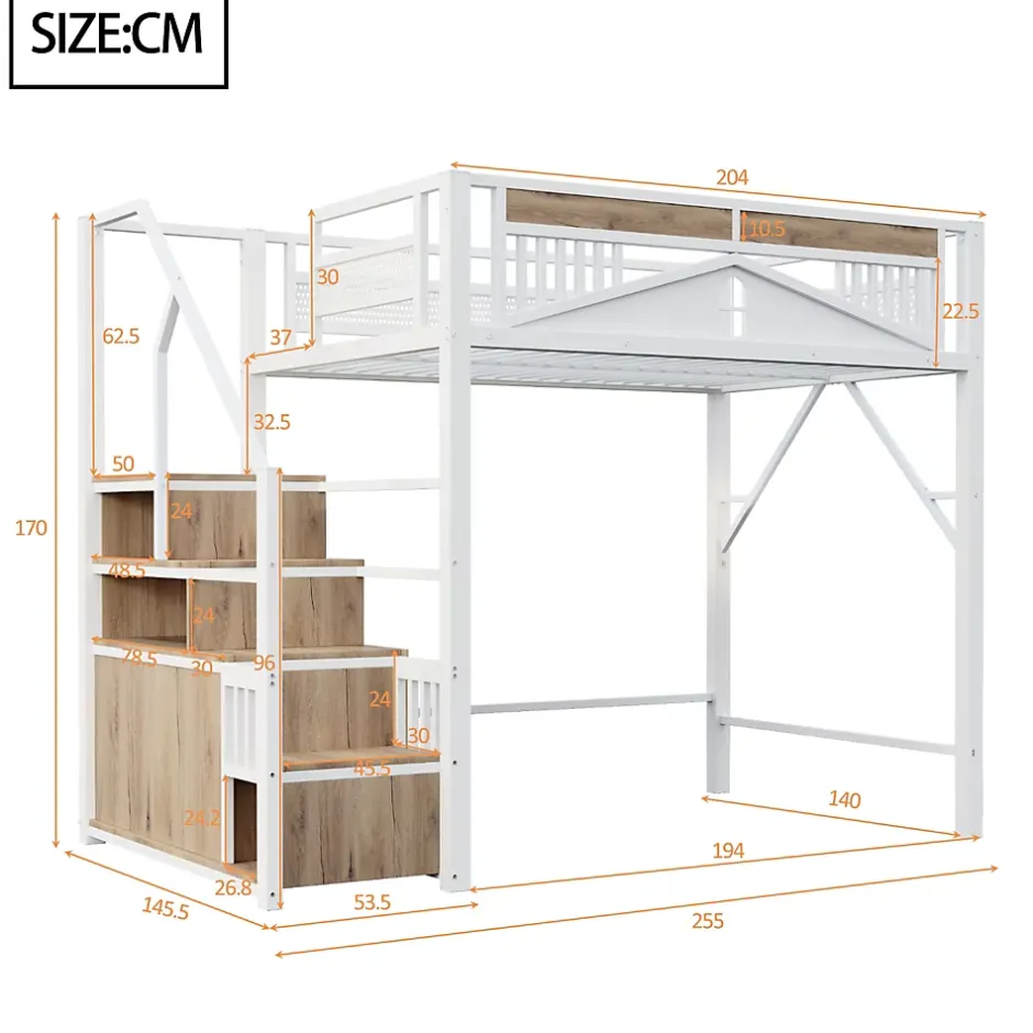 Okwish Lit Mezzanine Métal 140x200 cm avec Fenêtre et Garde-Corps - Blanc, Sans Matelas Online