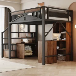 Okwish Lit Mezzanine Métal 140x200 cm avec Fenêtre et Garde-Corps - Noir, Sans Matelas