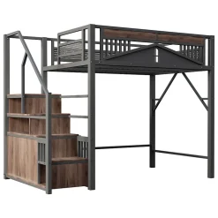 Okwish Lit Mezzanine Métal 140x200 cm avec Fenêtre et Garde-Corps - Noir, Sans Matelas