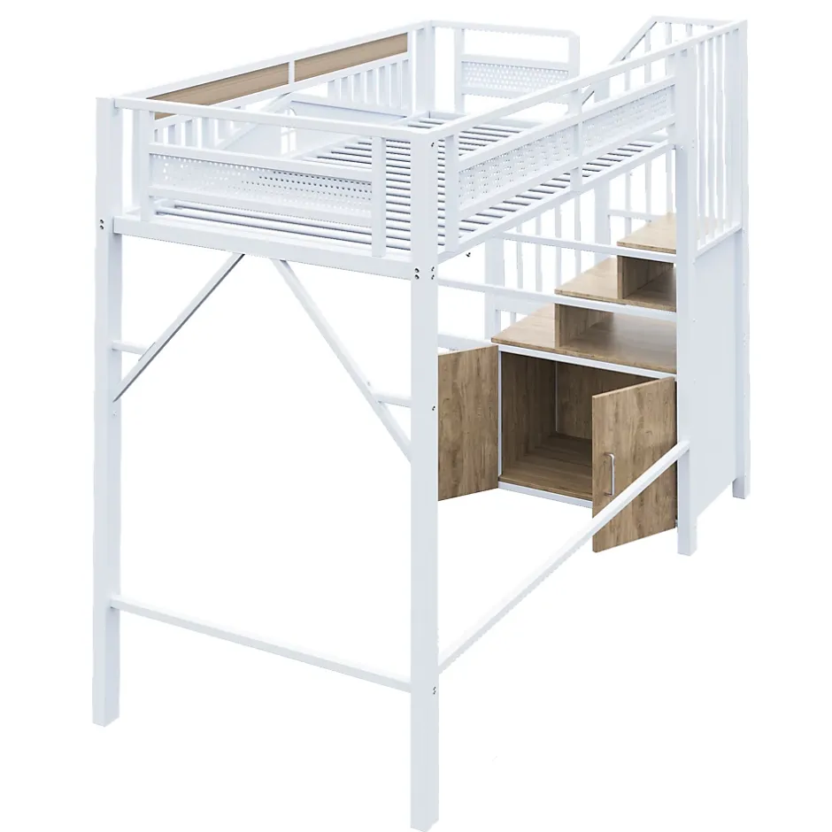 Okwish Lit Mezzanine Métal 90x200 cm avec Fenêtre Sécurisée et Escalier de Rangement - Métal Blanc