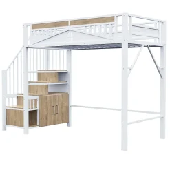 Okwish Lit Mezzanine Métal 90x200 cm avec Fenêtre Sécurisée et Escalier de Rangement - Métal Blanc