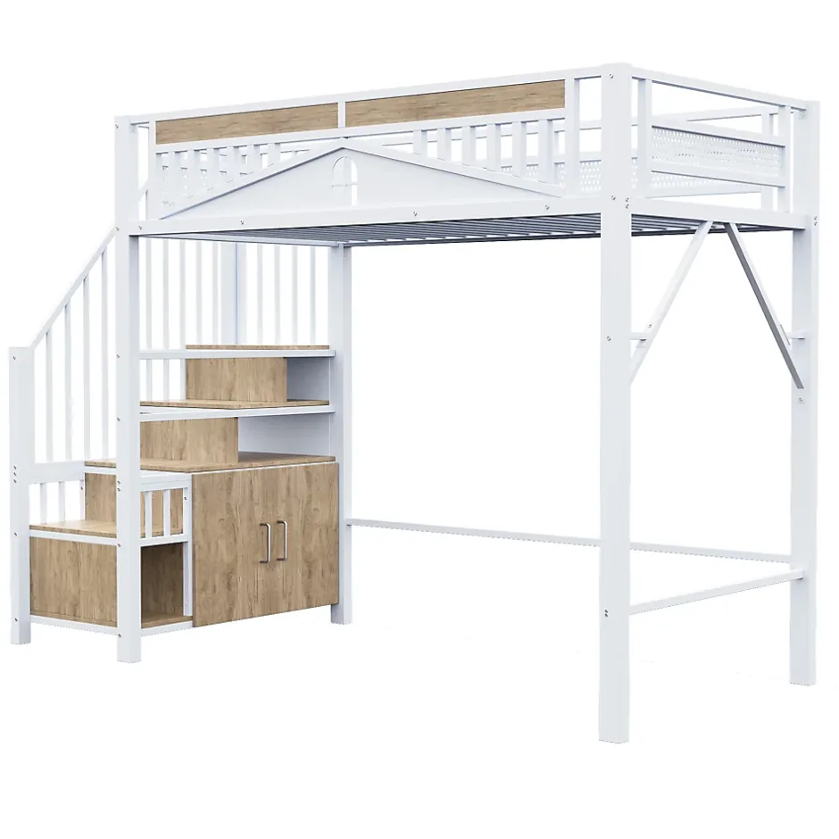Okwish Lit Mezzanine Métal 90x200 cm avec Fenêtre Sécurisée et Escalier de Rangement - Métal Blanc