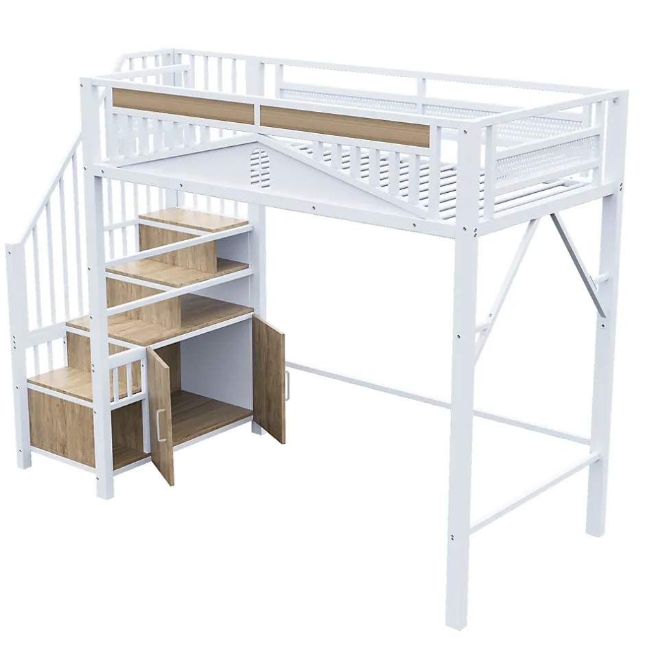 Okwish Lit Mezzanine Métal 90x200 cm avec Fenêtre Sécurisée et Escalier de Rangement - Métal Blanc