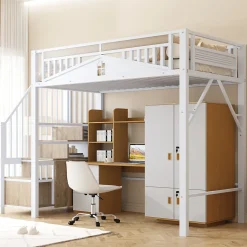 Okwish Lit Mezzanine Métal 90x200 cm avec Fenêtre Sécurisée et Escalier de Rangement - Métal Blanc