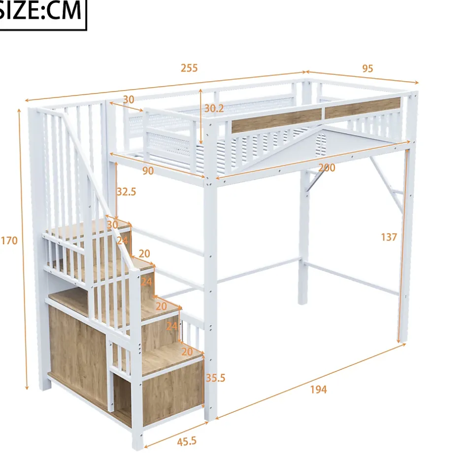 Okwish Lit Mezzanine Métal 90x200 cm avec Fenêtre Sécurisée et Escalier de Rangement - Métal Blanc