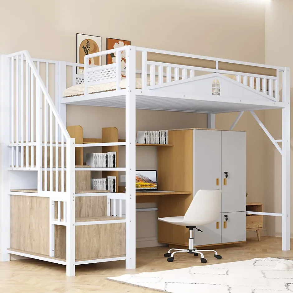 Okwish Lit Mezzanine Métal 90x200 cm avec Fenêtre Sécurisée et Escalier de Rangement - Métal Blanc