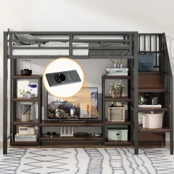 Okwish Lit Mezzanine Métal 90x200 cm enfant avec Escalier Sécurisé, Rangement et Support TV - Noir Hot
