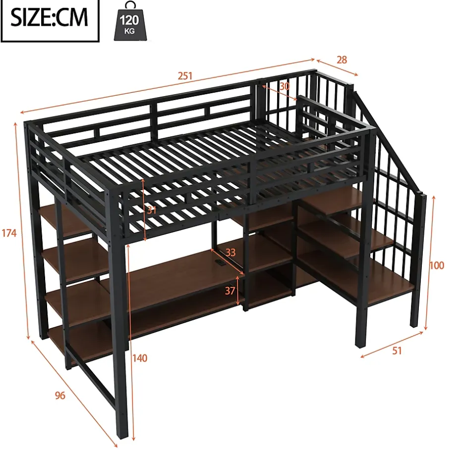Okwish Lit Mezzanine Métal 90x200 cm enfant avec Escalier Sécurisé, Rangement et Support TV - Noir Hot