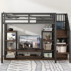 Okwish Lit Mezzanine Métal 90x200 cm enfant avec Escalier Sécurisé, Rangement et Support TV - Noir Hot