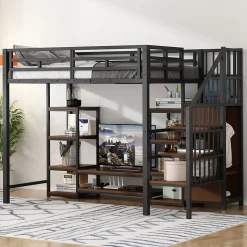 Okwish Lit Mezzanine Métal 90x200 cm enfant avec Escalier Sécurisé, Rangement et Support TV - Noir Hot