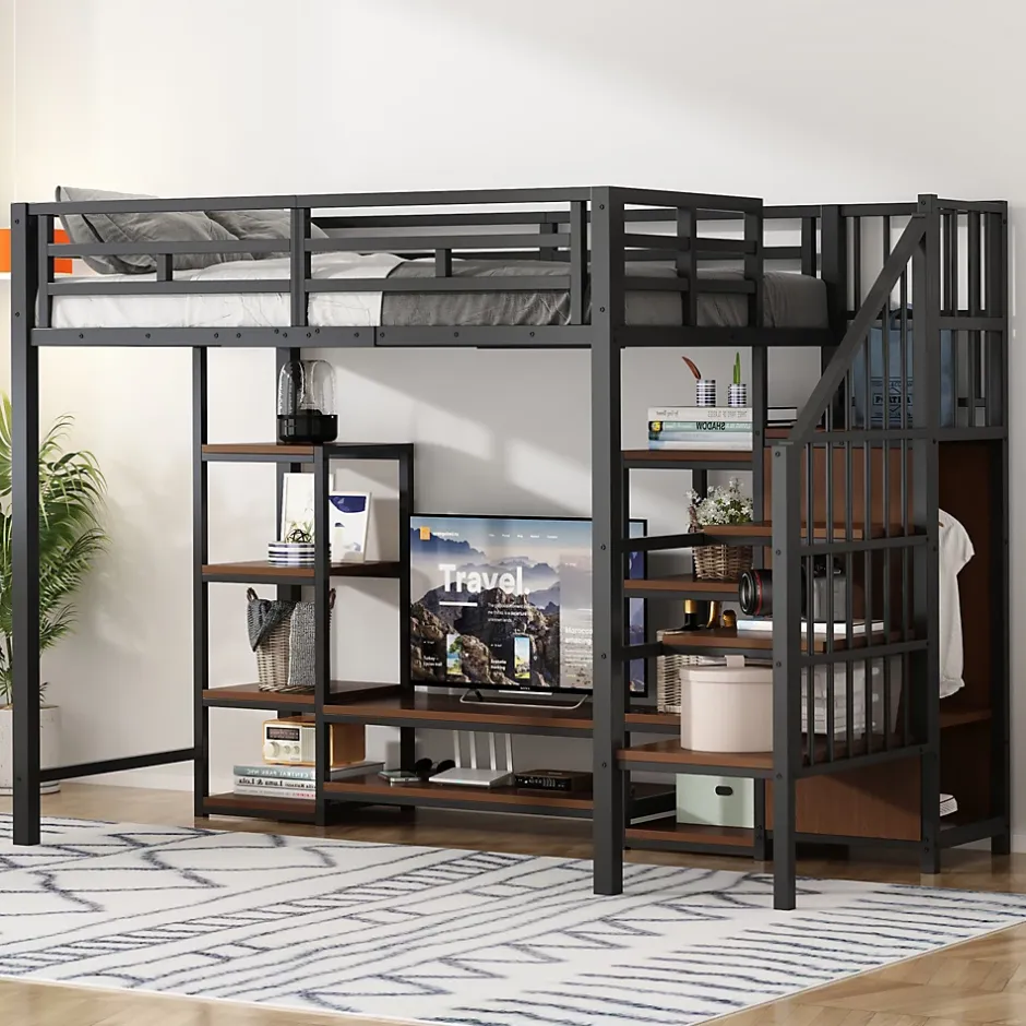 Okwish Lit Mezzanine Métal 90x200 cm enfant avec Escalier Sécurisé, Rangement et Support TV - Noir Hot