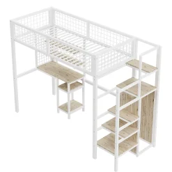 Simple Life Lit mezzanine métal 90x200cm blanc avec armoire et bureau, échelle sécurisée Best