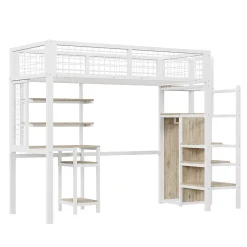 Simple Life Lit mezzanine métal 90x200cm blanc avec armoire et bureau, échelle sécurisée Best