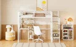 Simple Life Lit mezzanine métal 90x200cm blanc avec armoire et bureau, échelle sécurisée Best