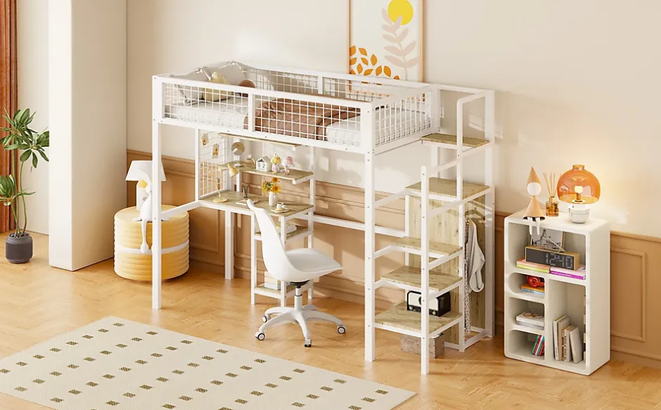 Simple Life Lit mezzanine métal 90x200cm blanc avec armoire et bureau, échelle sécurisée Best