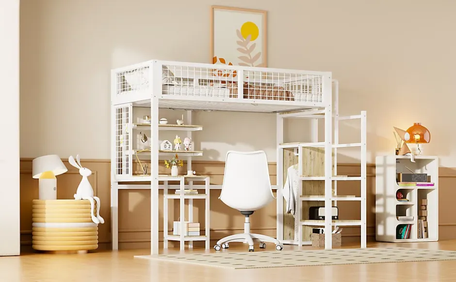 Simple Life Lit mezzanine métal 90x200cm blanc avec armoire et bureau, échelle sécurisée Best