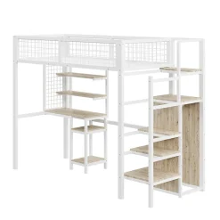 Simple Life Lit mezzanine métal 90x200cm blanc avec armoire et bureau, échelle sécurisée Best